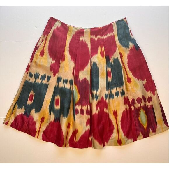Lauren Ralph Lauren 100% Silk Ikat Pleated Lined Skirt Pockets Size 6 EUC Red - Picture 1 of 10